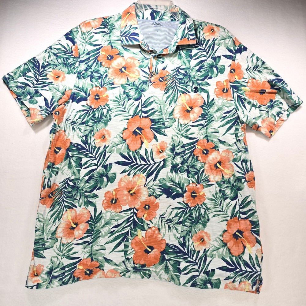 IZOD Saltwater Men Large Floral Hibiscus Polo Shirt Orange Green Tropical Cotton